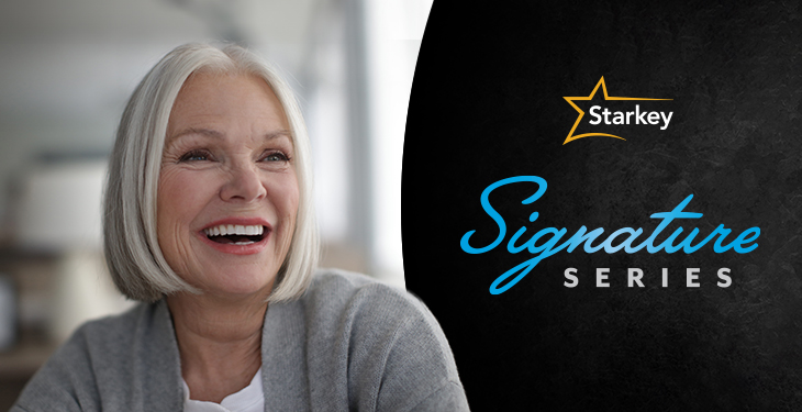 Image of smiling senior woman beside "Starkey Signature Series" text
